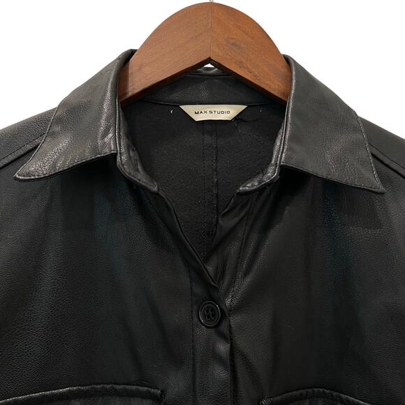 Max Studio Faux Leather Button Down Shirt Black Edgy Streetwear Women’s Medium - Picture 5 of 15